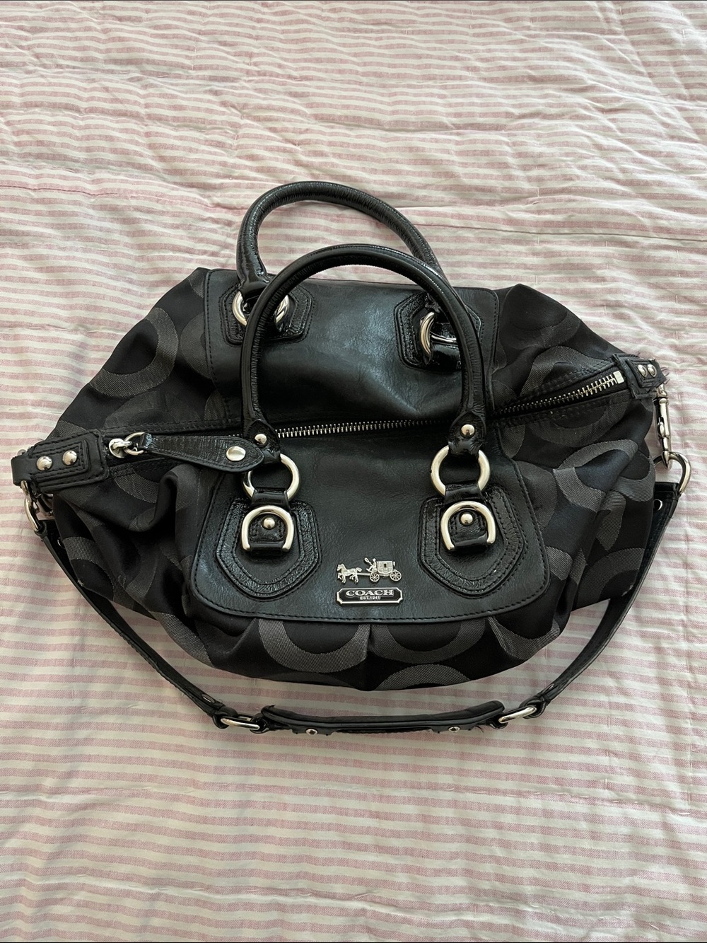 Coach Black Signature Canvas Satchel with Silver Hardware